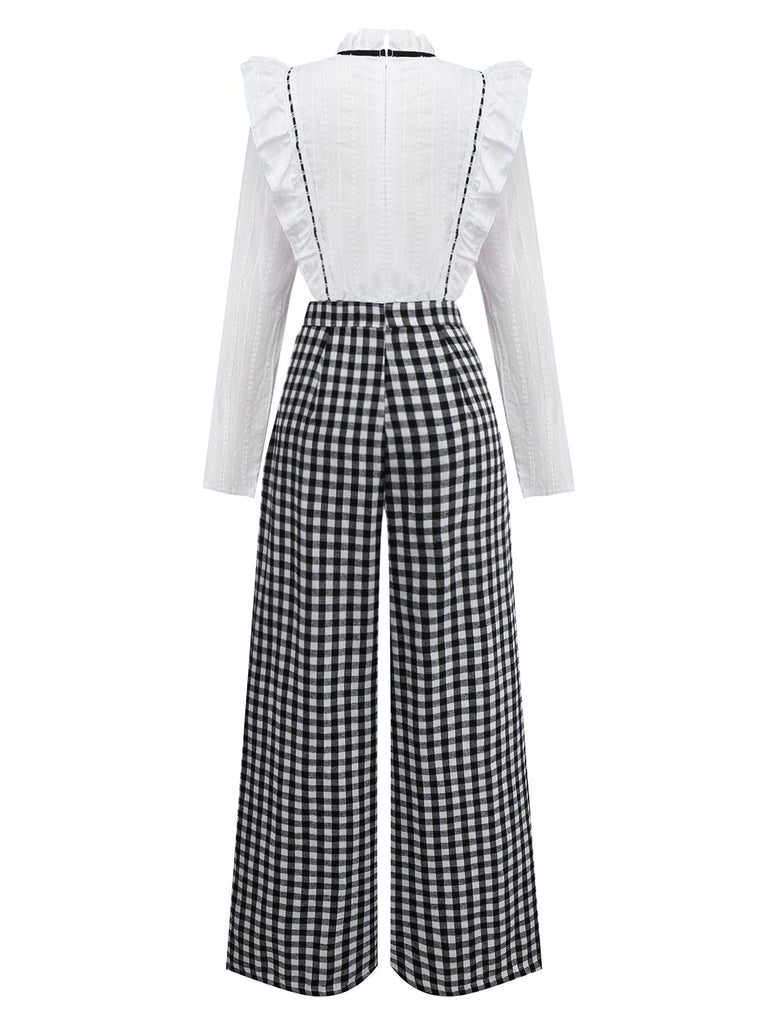[Pre-Sale] 1930s Cotton Ruffle Collar Bow Tie Gingham Jumpsuit