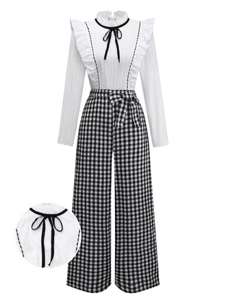 [Pre-Sale] 1930s Cotton Ruffle Collar Bow Tie Gingham Jumpsuit