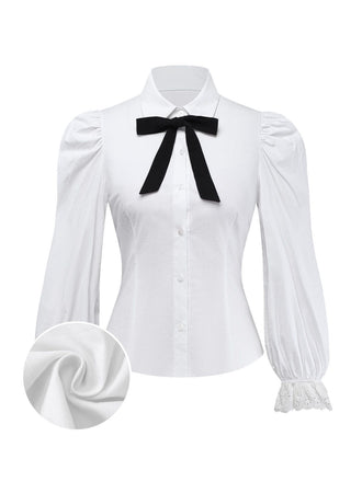 [Pre-Sale] White 1960s Puff Sleeve Bow Tie Blouse