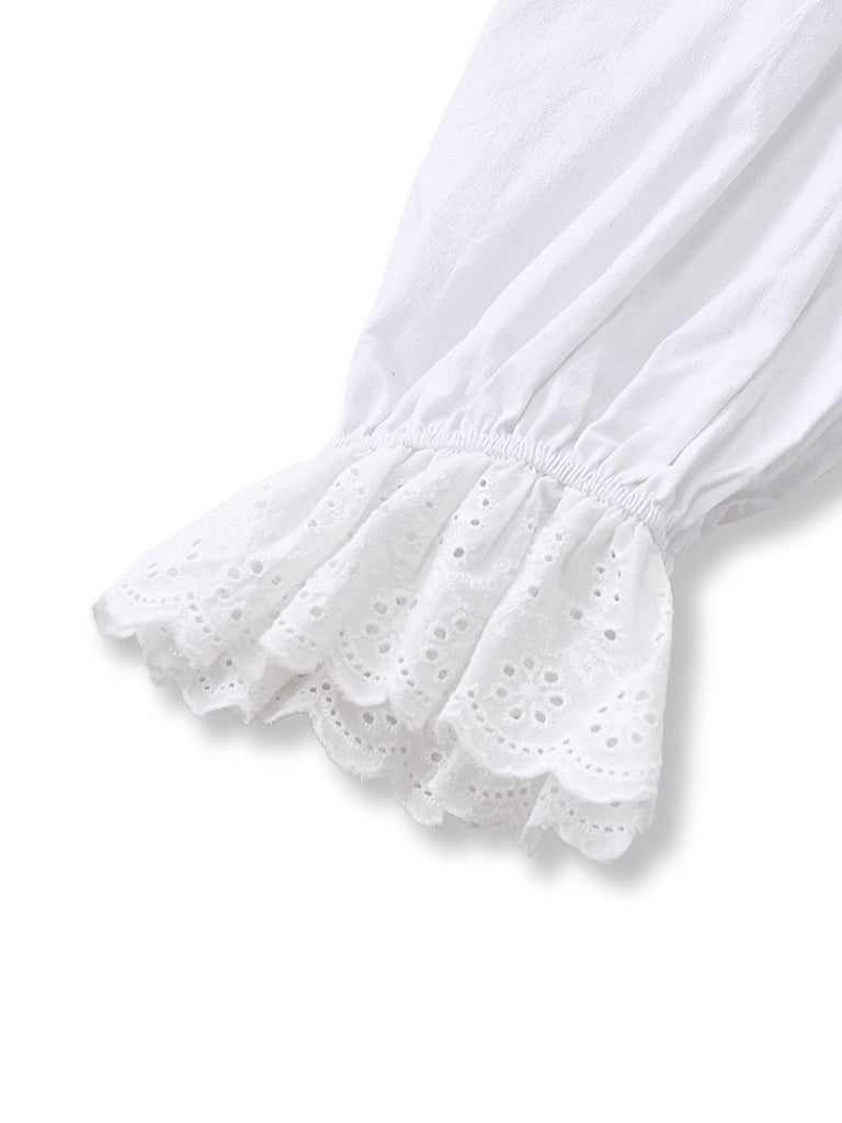 White 1960s Puff Sleeve Bow Tie Blouse