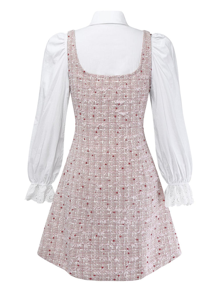 [Pre-Sale] 2PCS White & Pink 1960s Puff-Sleeve Bow Blouse & Tweed Pinafore Dress