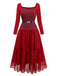 [Pre-Sale] Red 1940s Plaid Mesh Patchwork Off-Shoulder Dress
