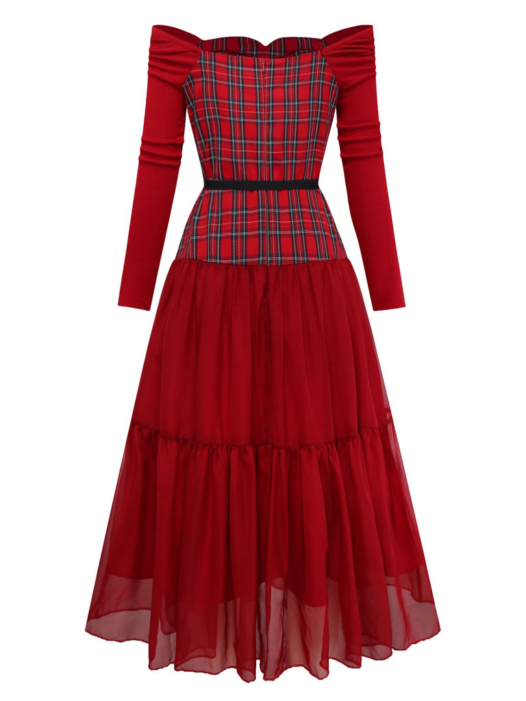 [Pre-Sale] Red 1940s Plaid Mesh Patchwork Off-Shoulder Dress