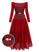 [Pre-Sale] Red 1940s Plaid Mesh Patchwork Off-Shoulder Dress