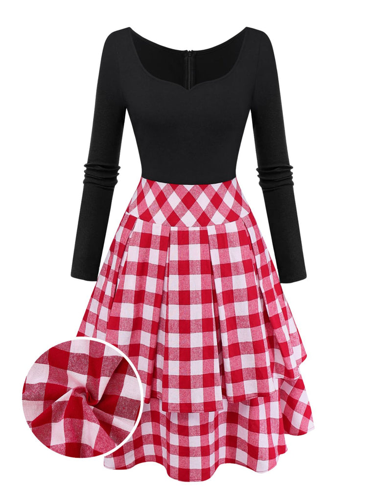 [Pre-Sale] Red 1950s Cotton Sweetheart Neck Knitted Plaid Dress