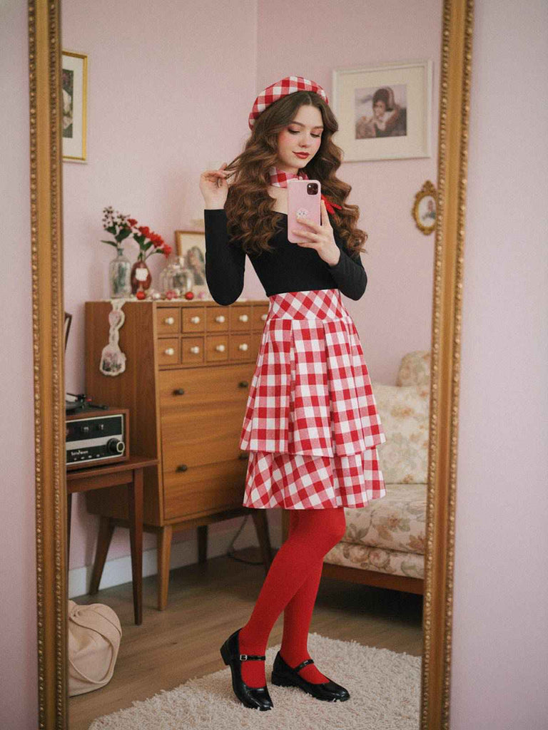[Pre-Sale] Red 1950s Cotton Sweetheart Neck Knitted Plaid Dress