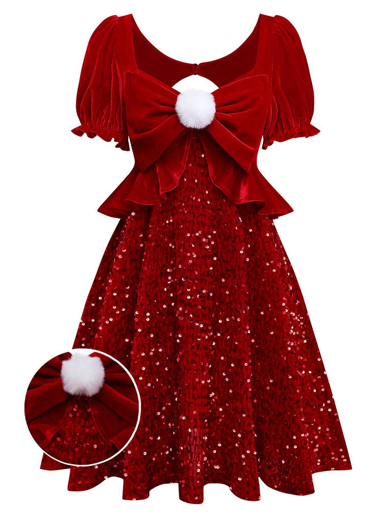 [Pre-Sale] Red 1980s Sequin Bow Puff Back Cutout Babydoll Dress