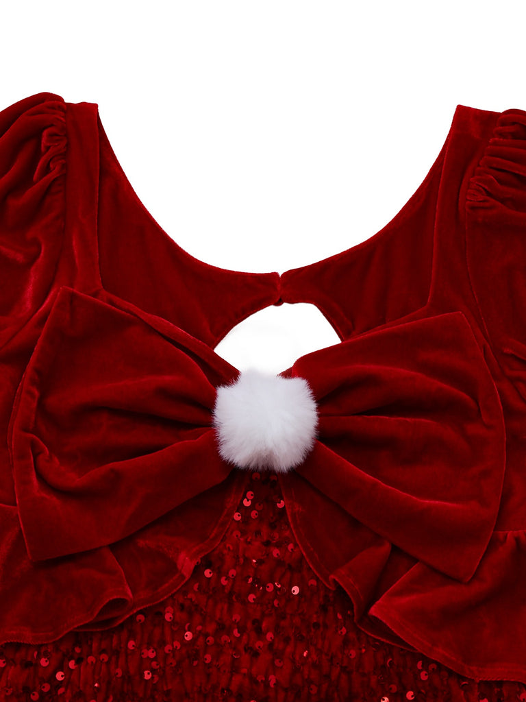 [Pre-Sale] Red 1980s Sequin Bow Puff Back Cutout Babydoll Dress
