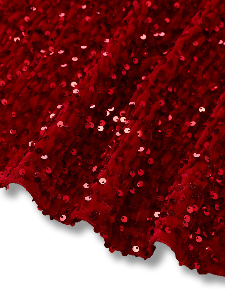 [Pre-Sale] Red 1980s Sequin Bow Puff Back Cutout Babydoll Dress