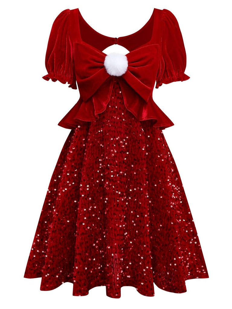 [Pre-Sale] Red 1980s Sequin Bow Puff Back Cutout Babydoll Dress
