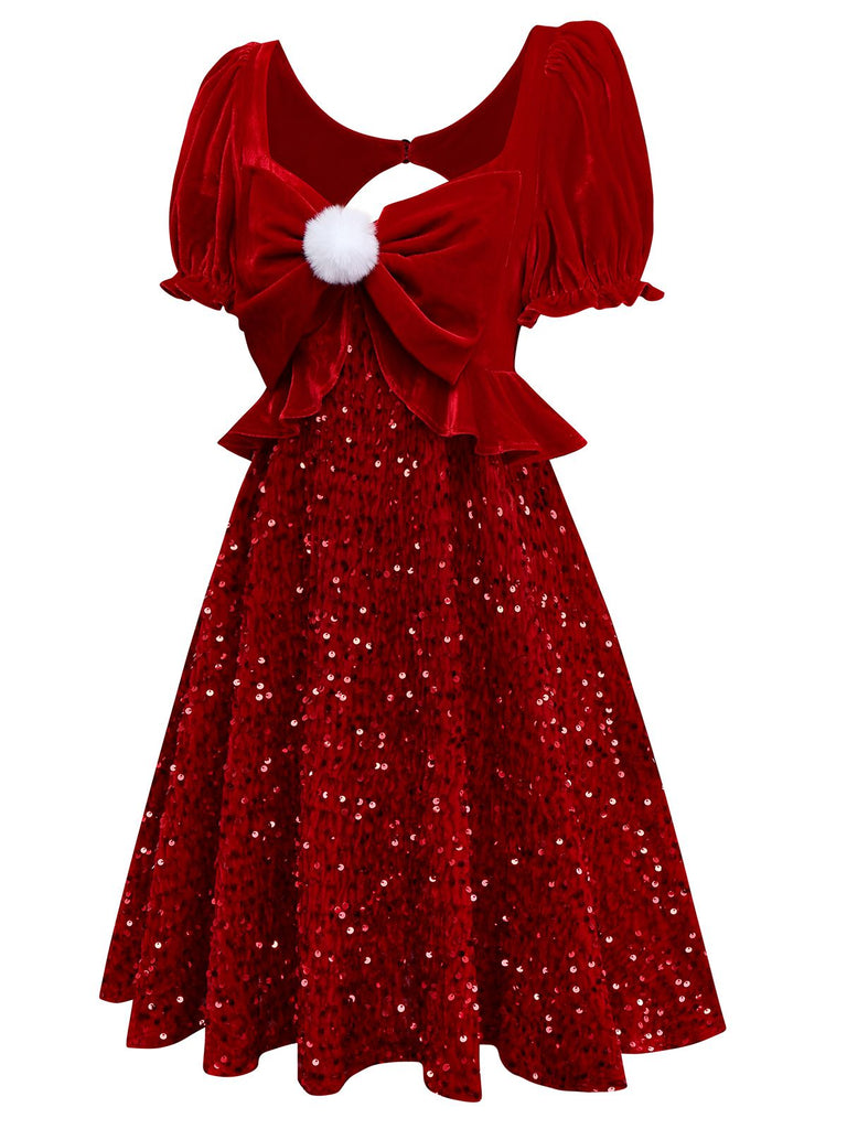 [Pre-Sale] Red 1980s Sequin Bow Puff Back Cutout Babydoll Dress