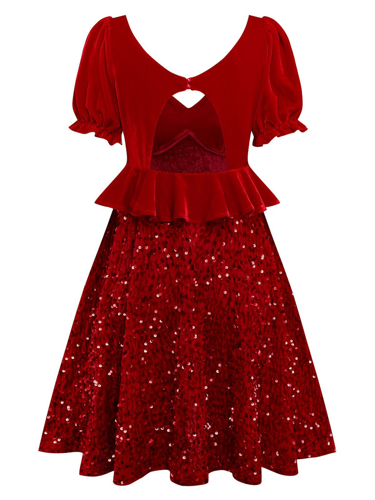 [Pre-Sale] Red 1980s Sequin Bow Puff Back Cutout Babydoll Dress
