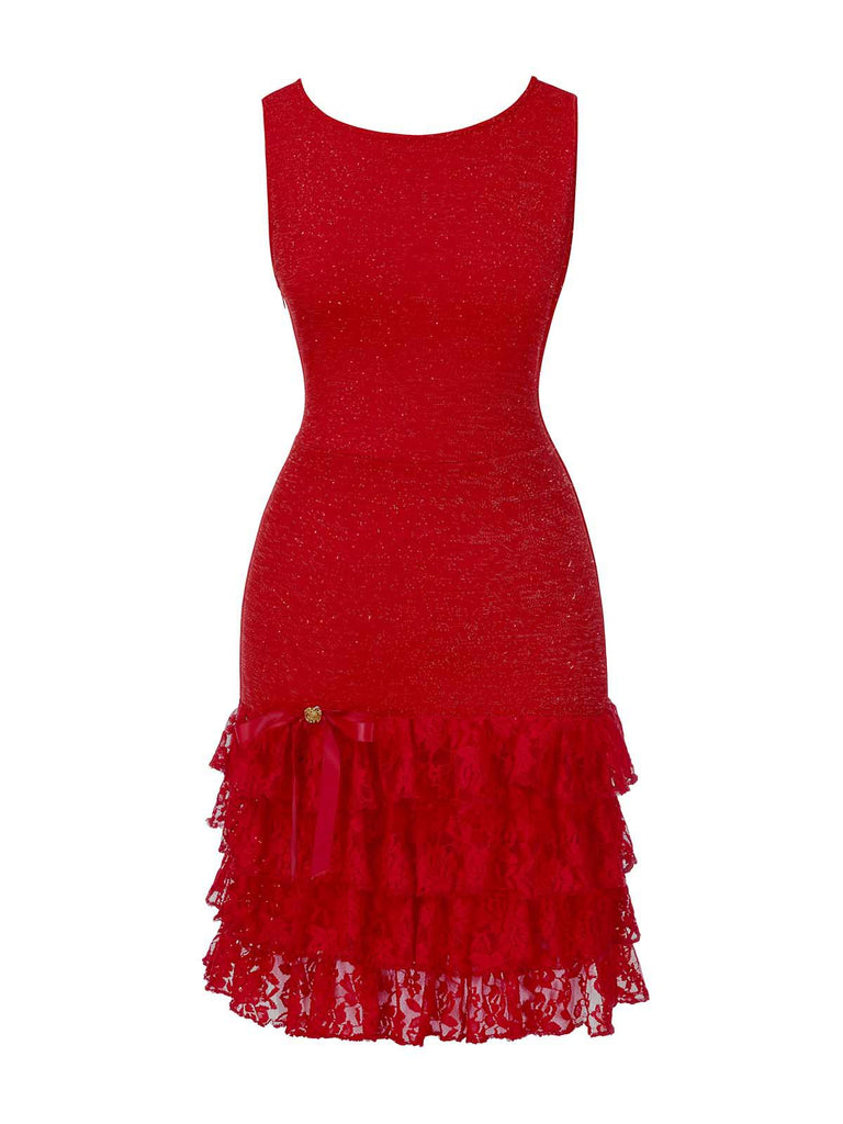 [Pre-Sale] Red 1930S Glitter Lace Tiered Boat-Neck Bow Party Dress