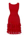 [Pre-Sale] Red 1930S Glitter Lace Tiered Boat-Neck Bow Party Dress