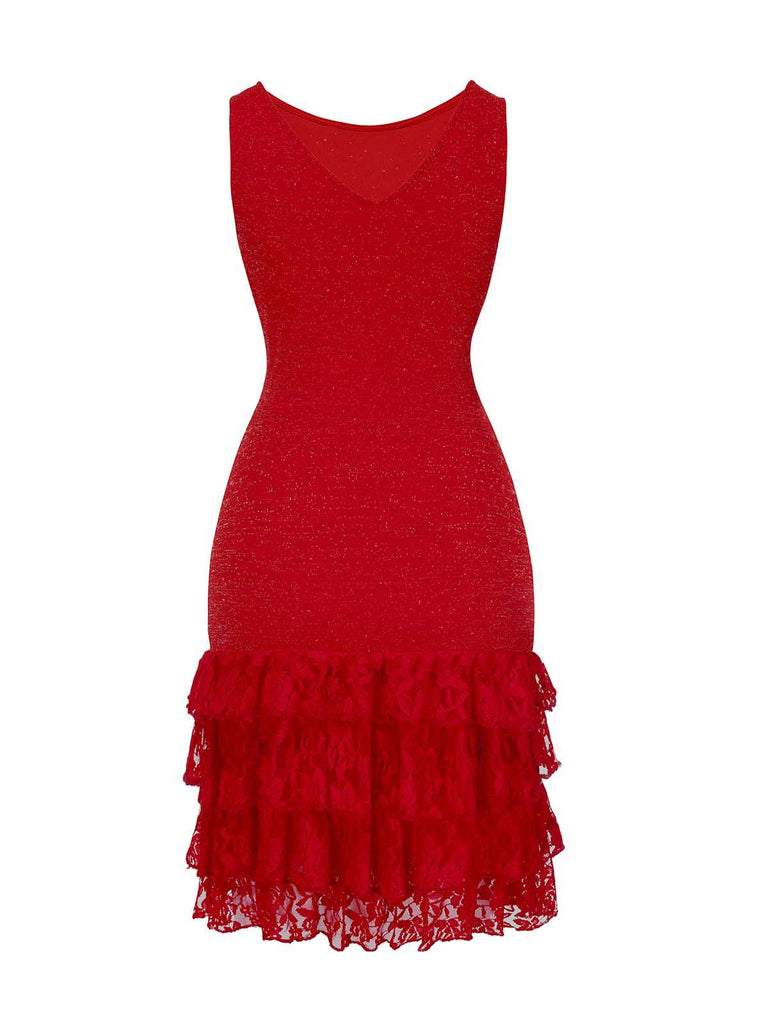 [Pre-Sale] Red 1930S Glitter Lace Tiered Boat-Neck Bow Party Dress