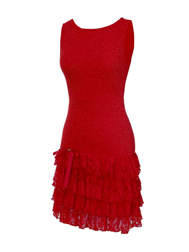 [Pre-Sale] Red 1930S Glitter Lace Tiered Boat-Neck Bow Party Dress