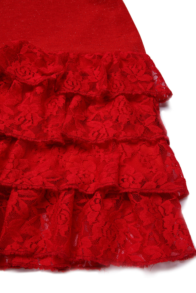 [Pre-Sale] Red 1930S Glitter Lace Tiered Boat-Neck Bow Party Dress