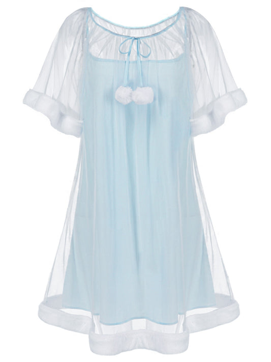 [Pre-Sale] Blue 1940s Ruffle Sleeve Plush Trim Tulle Nightgown