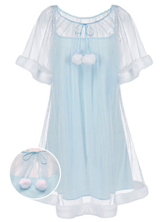 [Pre-Sale] Blue 1940s Ruffle Sleeve Plush Trim Tulle Nightgown