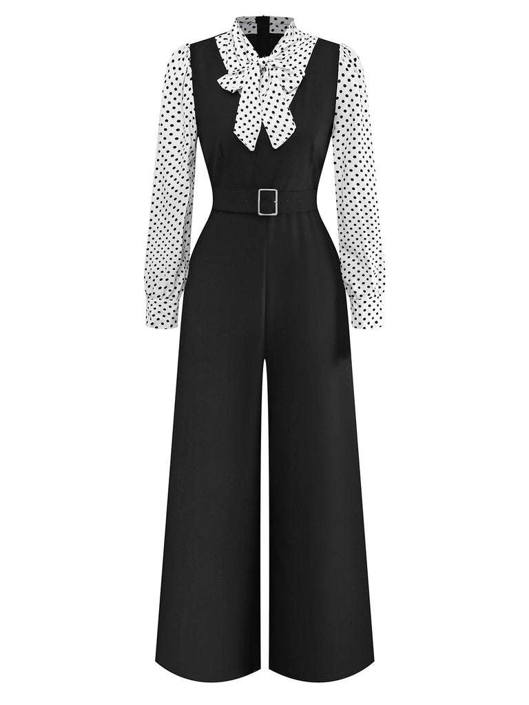 [Pre-Sale] Black 1940s Dots Mock Two-Piece Tie Neck Jumpsuit
