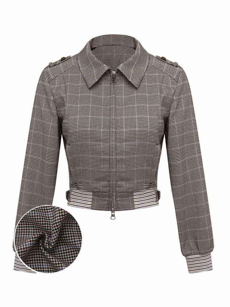 [Pre-Sale] Brown 1950s Houndstooth Bow Ribbed Knit Short Jacket