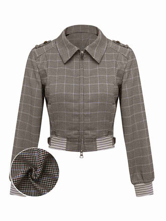 [Pre-Sale] Brown 1950s Houndstooth Bow Ribbed Knit Short Jacket
