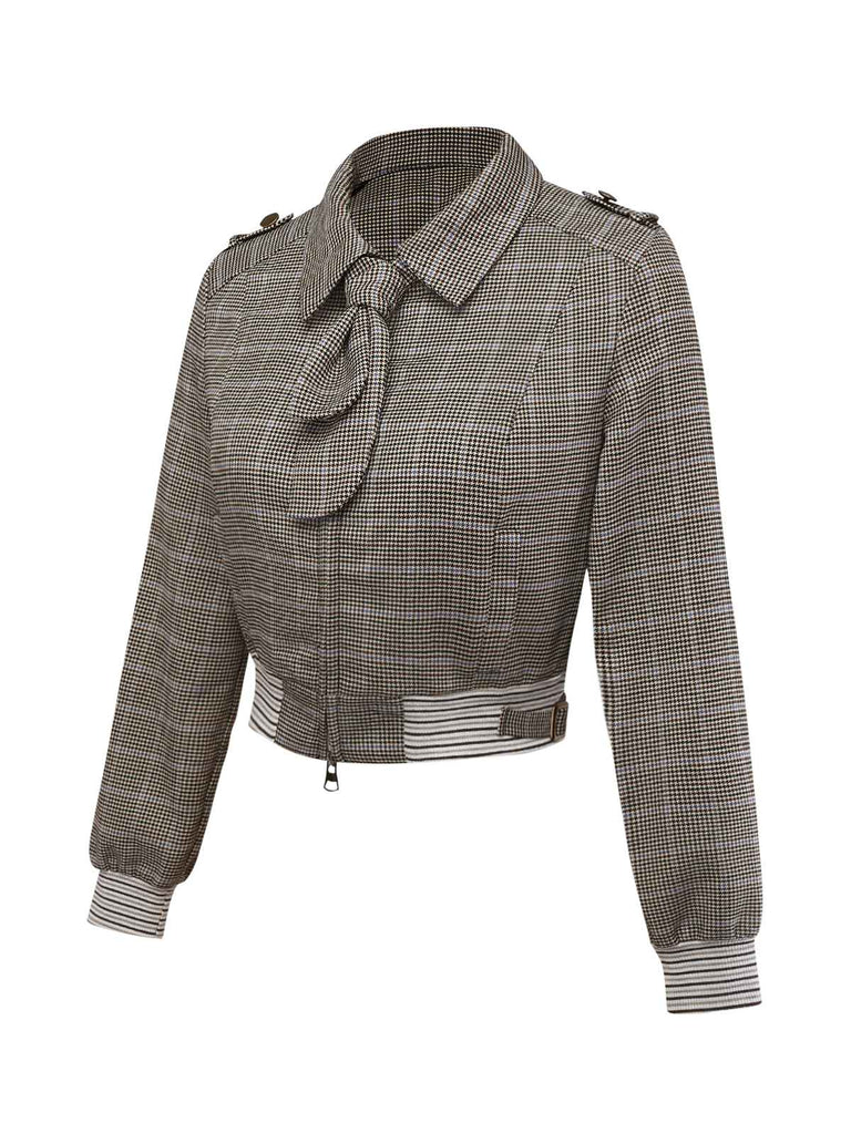 [Pre-Sale] Brown 1950s Houndstooth Bow Ribbed Knit Short Jacket