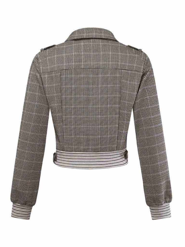 [Pre-Sale] Brown 1950s Houndstooth Bow Ribbed Knit Short Jacket