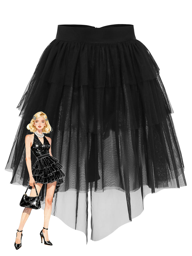 [Pre-Sale] Black 1960s Mesh Bow Layered Skirt