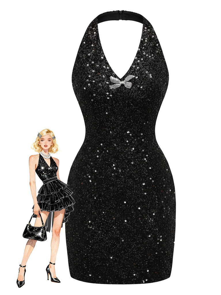 [Pre-Sale] Black 1960s Halter Bow Sequin Dress