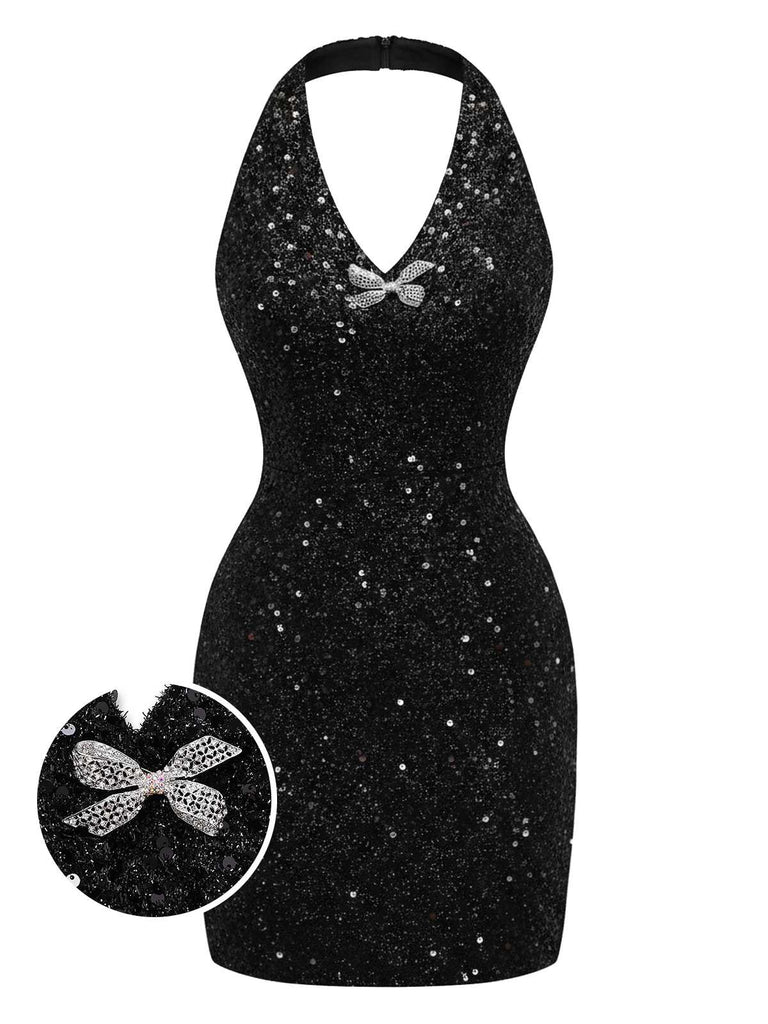 [Pre-Sale] Black 1960s Halter Bow Sequin Dress
