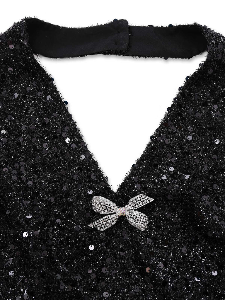 [Pre-Sale] Black 1960s Halter Bow Sequin Dress