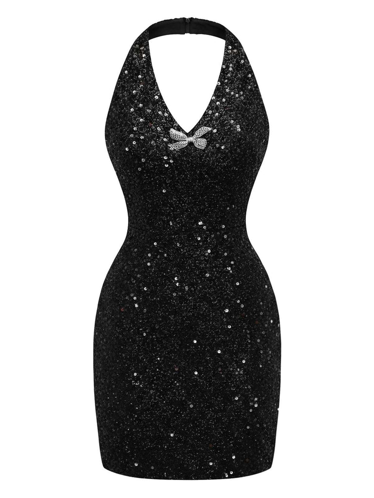 [Pre-Sale] 2PCS Black 1960s Sequin Halter Dress & Mesh Skirt