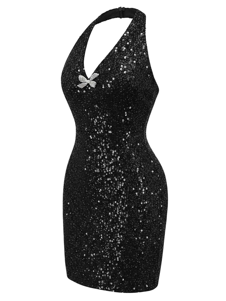 [Pre-Sale] Black 1960s Halter Bow Sequin Dress