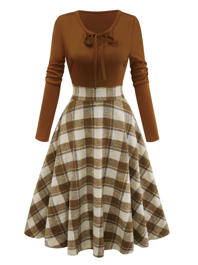 Brown 1950s Tie-Neck Knit Plaid Dress
