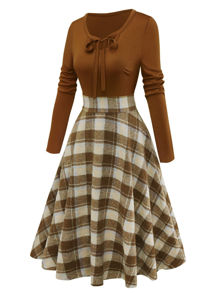 Brown 1950s Tie-Neck Knit Plaid Dress