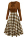 Brown 1950s Tie-Neck Knit Plaid Dress
