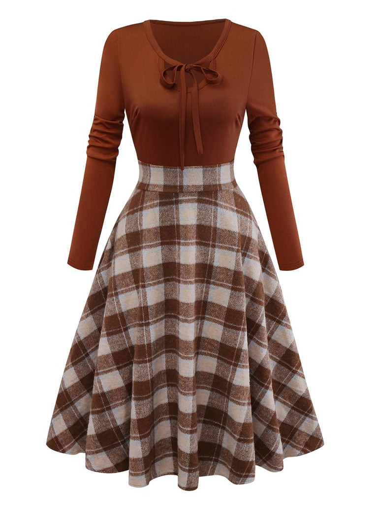 [Pre-Sale] Brown 1950s Tie-Neck Knit Plaid Dress