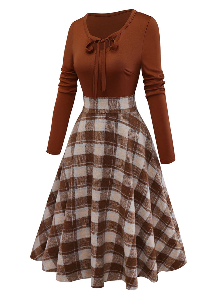 [Pre-Sale] Brown 1950s Tie-Neck Knit Plaid Dress