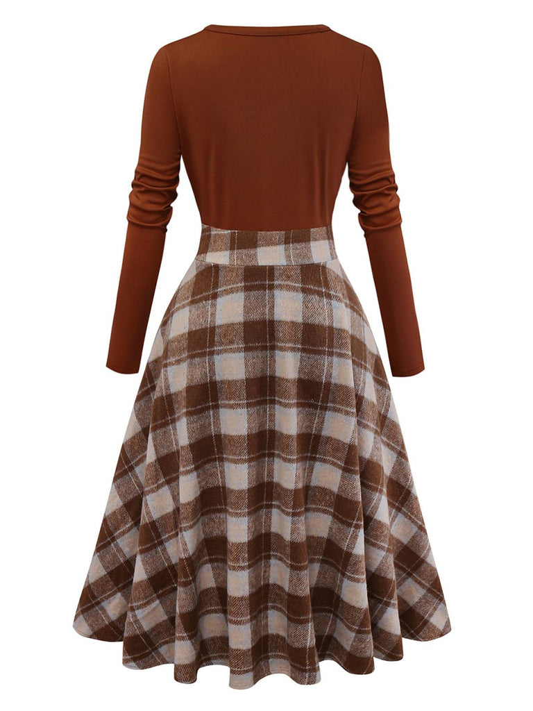 [Pre-Sale] Brown 1950s Tie-Neck Knit Plaid Dress
