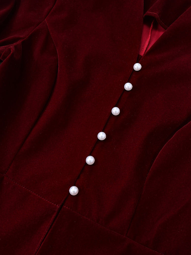 2PCS Wine Red 1940s V-Neck Velvet Jacket & Skirt