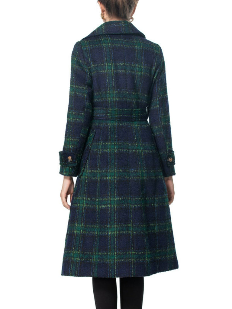 Green 1940s Notched Collar Blackwatch Plaid Long Coat
