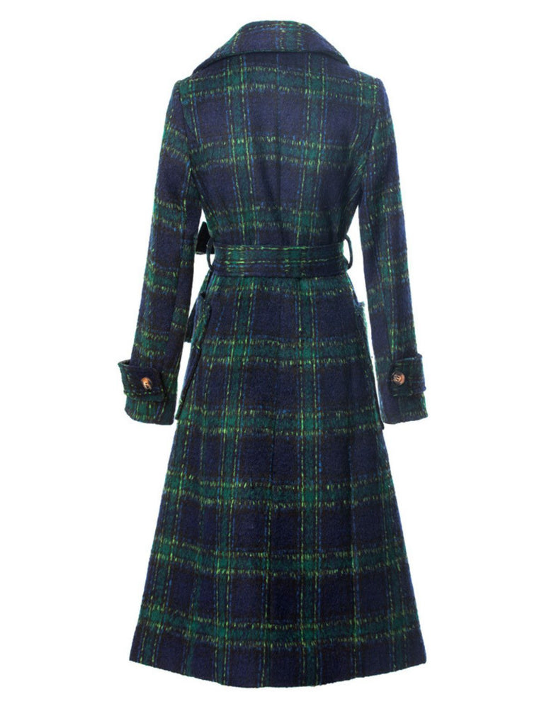 Green 1940s Notched Collar Blackwatch Plaid Long Coat