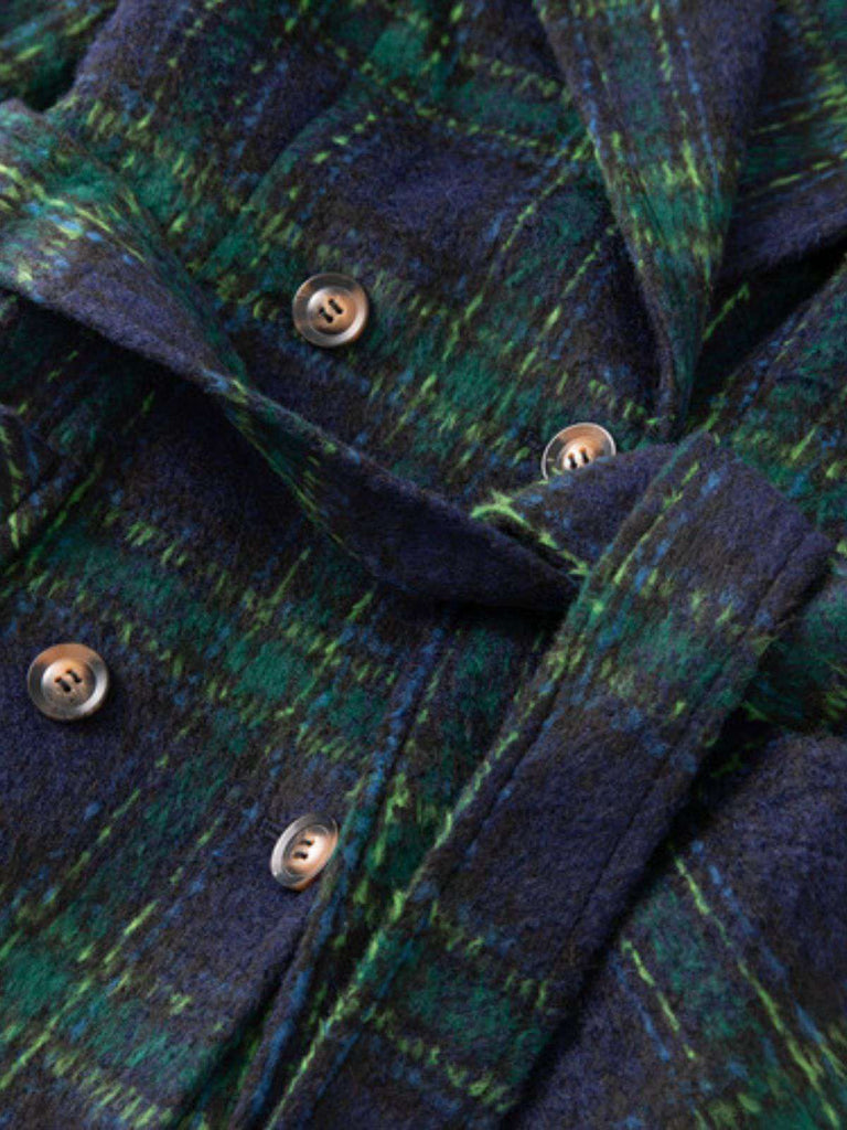 Green 1940s Notched Collar Blackwatch Plaid Long Coat