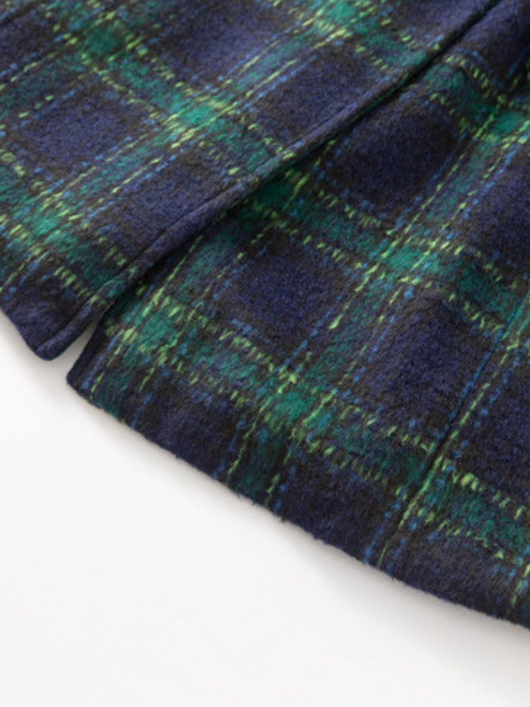 Green 1940s Notched Collar Blackwatch Plaid Long Coat