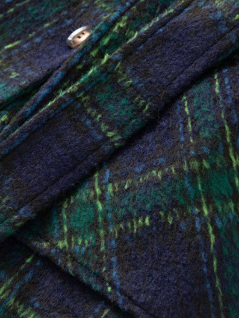 Green 1940s Notched Collar Blackwatch Plaid Long Coat