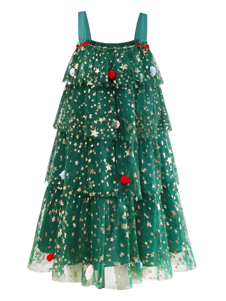 Green 1960s Christmas Tree Pom-Pom Balls Mesh Dress