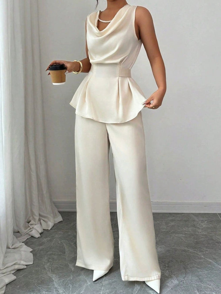 2PCS Beige 1950s Solid Sleeveless Cowl Neck Top & Pants