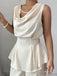 2PCS Beige 1950s Solid Sleeveless Cowl Neck Top & Pants