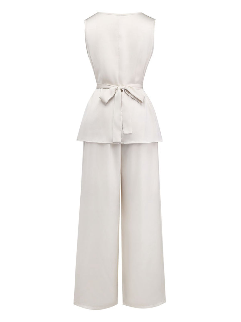 2PCS Beige 1950s Solid Sleeveless Cowl Neck Top & Pants